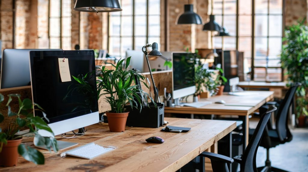 Modern office workspace with plants and computers.